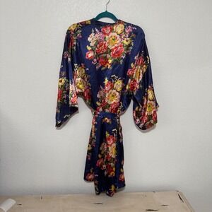 Navy‎ Blue Floral Satin Kimono Robe Women's Sleepwear Loungewear